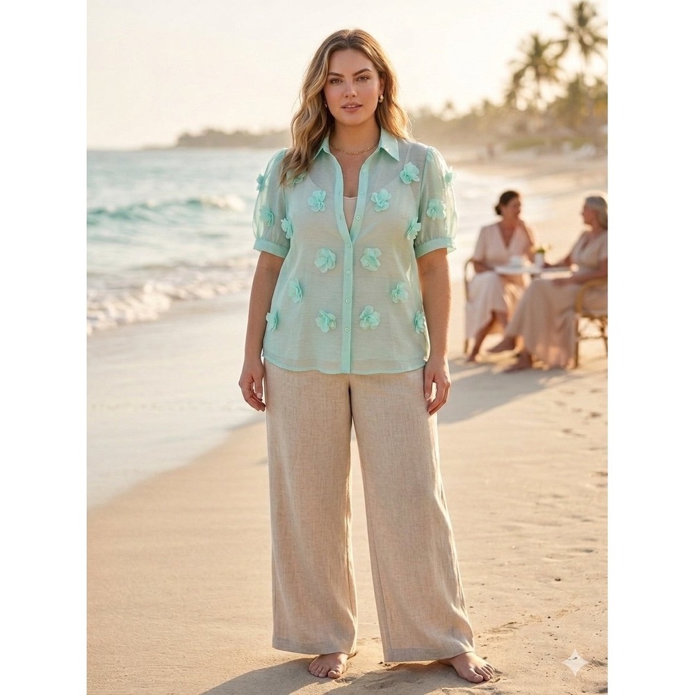 Ashley Stewart  16 Mint Green Sheer Organza Top with 3D Floral Appliqué